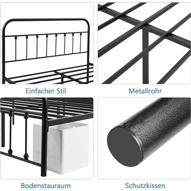 Metallbett 140x200 cm Bettrahmen mit Hohem Kopfteil, Stabiles Bettgestell Doppelbett aus Metall mit Lattenrost, Metall Gästebett Jugendbett, Viel Stauraum unter dem Bett, Schwarz – Bild 7