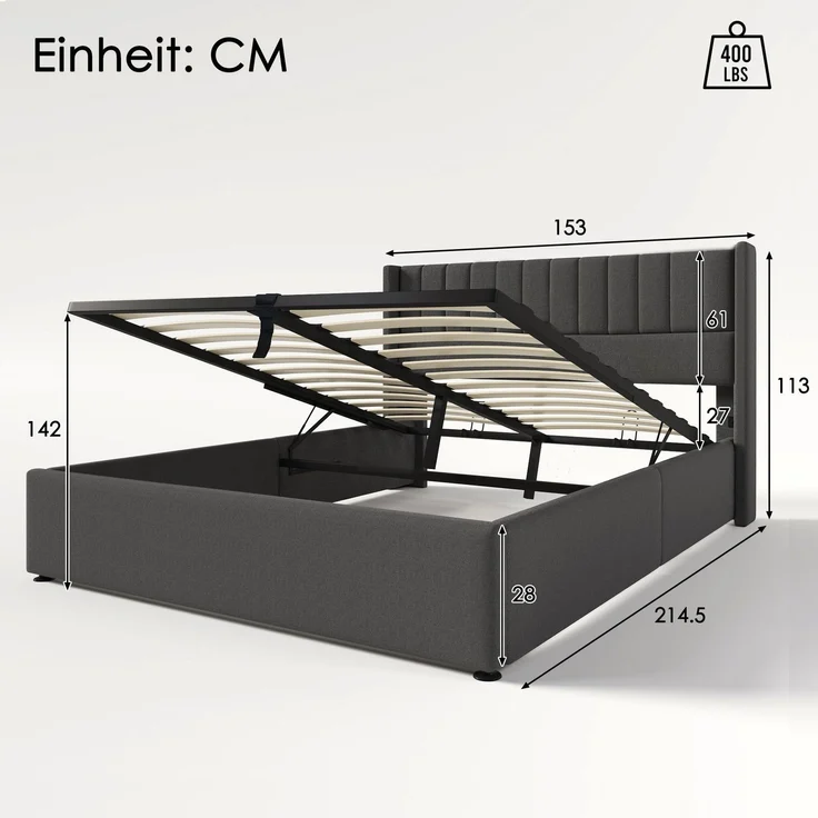 Polsterbett mit Lattenrost und Stauraum, 140x200 cm, gepolsterter Kopfteil, Doppelbett, Leinen – Bild 4