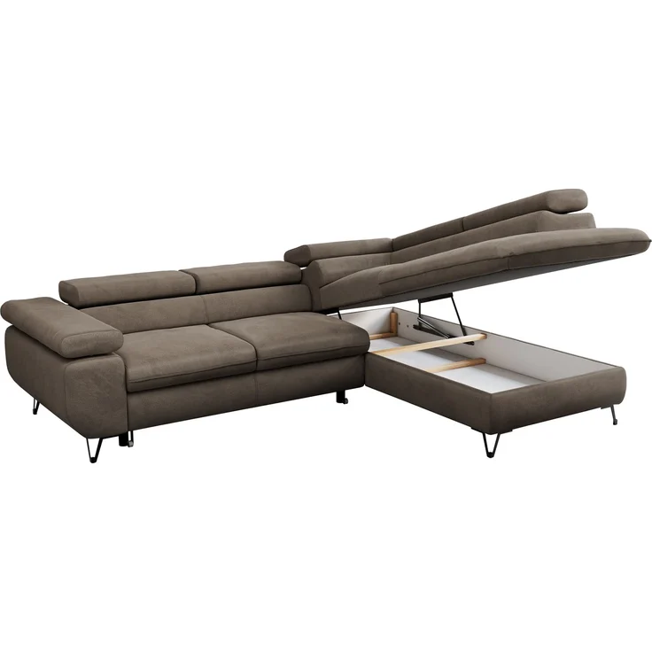 Mks Möbel 'Peter L-form' Ecksofa mit Bettfunktion, Bettkasten & einstellbaren Kopfstützen, Braun, Velours, mit Topper, rechts – Bild 5