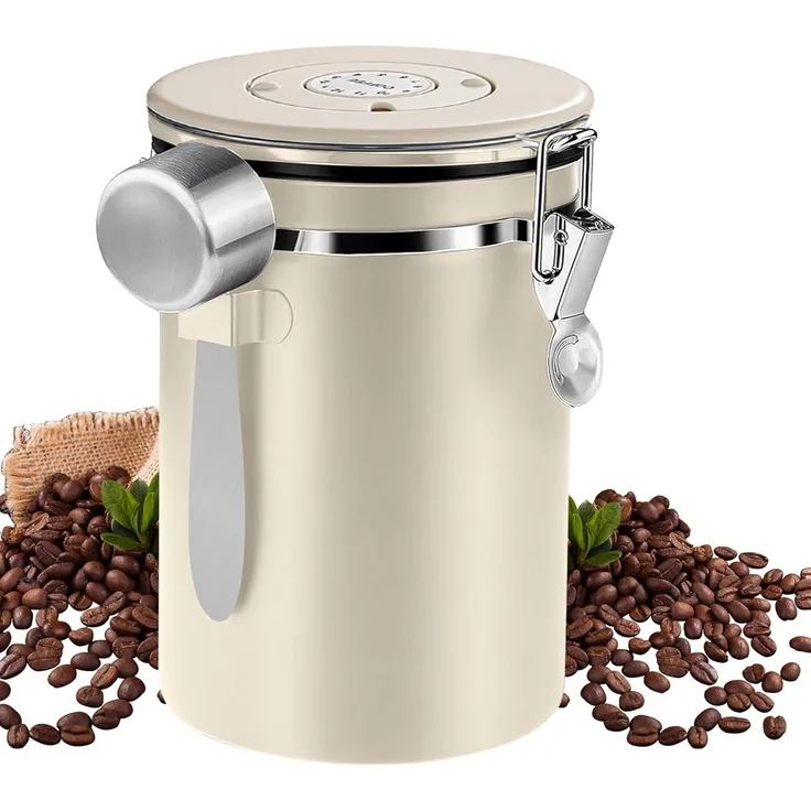 Rhein Beleuchtung Kaffeedose Kaffeedose luftdicht mit Datumsmarkierung, luftdichte aufbewahrungsbox, (Edelstahl, für die Aufbewahrung von Kaffeebohnen, Süßigkeiten, Nüssen), Einweg-Auslassventil, feuchtigkeitsbeständig, mit Löffel