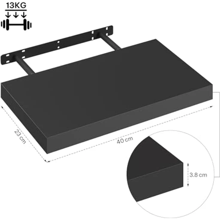 eSituro Wandregal, schwebendes Regal für Wandmontage, Schweberegal Hängeregal Wandbrett im Wohnzimmer Schlafzimmer Küche Badezimmer, schwarz modern, MDF, 40 x 3,8 x 22,9 cm – Bild 4