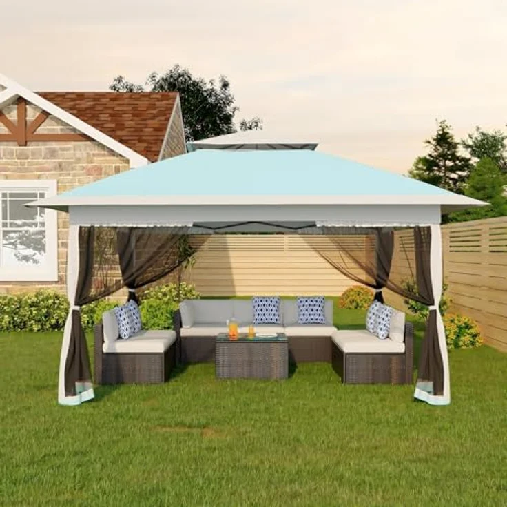 Faltpavillon Moskitonetz 3x3 m mit 4 Seitenteilen – Pop Up Pavillon wasserdicht & stabil, UV-Schutz 50+, höhenverstellbar, Doppeldach Pavillion für Patio & Familie (Pastellblau + Grau) – Bild 2