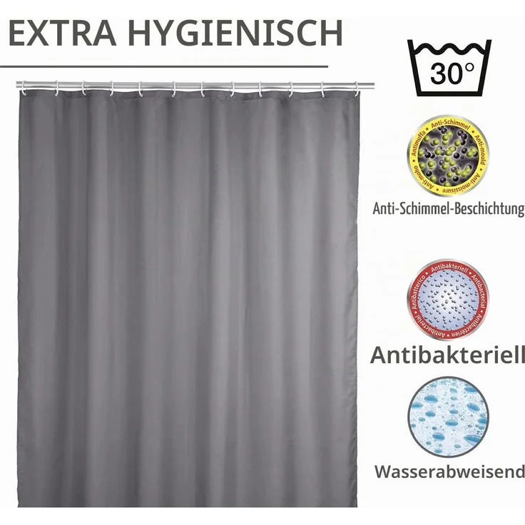 WENKO UNI Duschvorhang 180 x 200 cm, Grau, waschbar – Bild 4