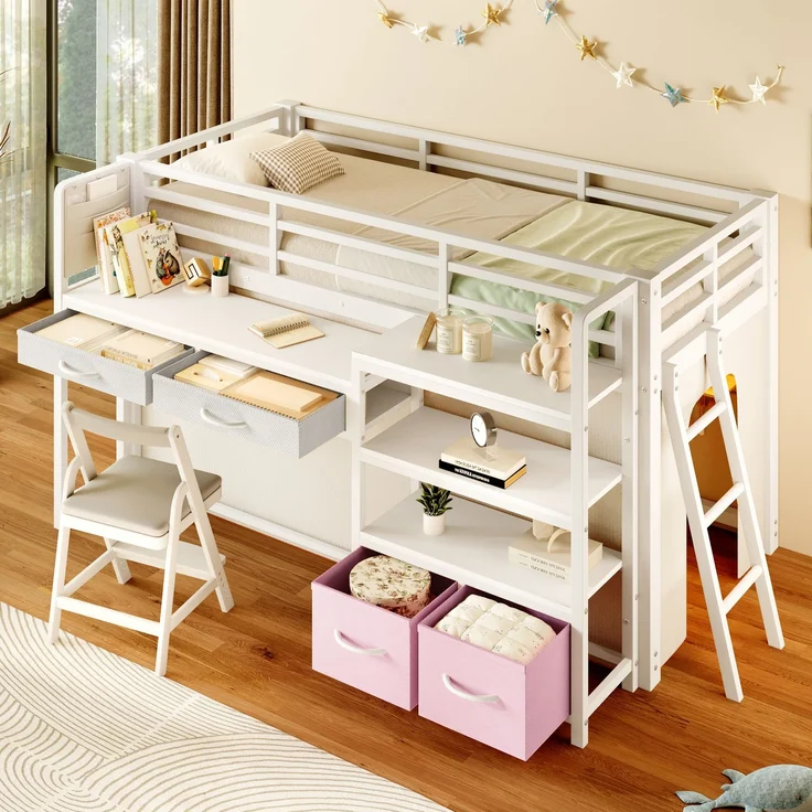 EINHOM Hochbett 90 x 200 cm mit Schreibtisch, Stauraum und Stoffschubladen, Kinderbett aus Metall mit Vorhang, mehrschichtigem Regal und LED-Licht, Weiß (Ohne Matratze) – Bild 4