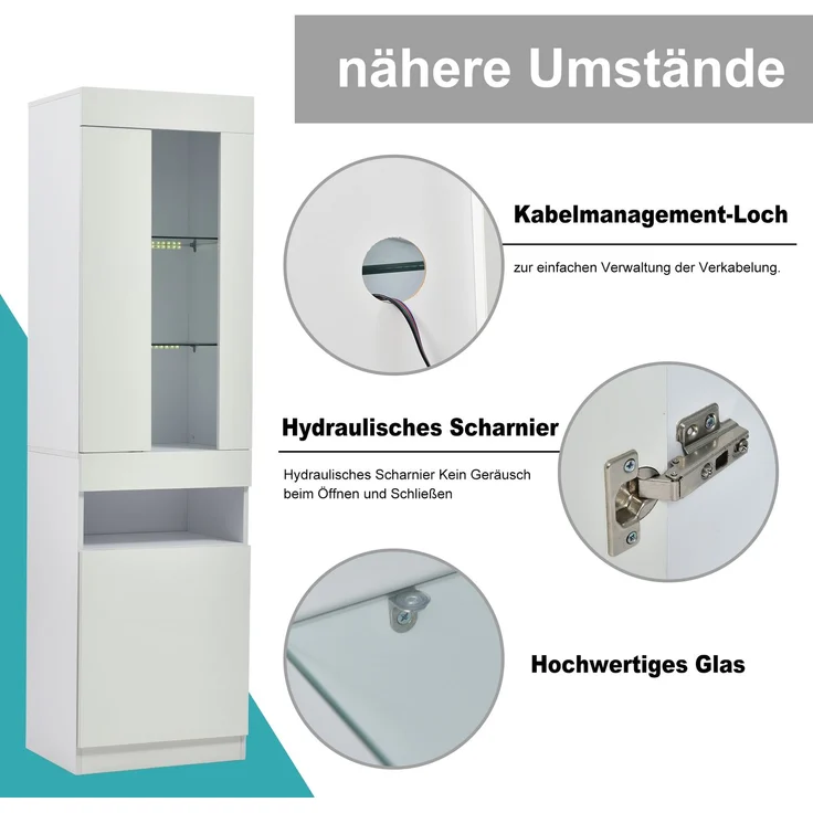Vitrine mit LED Beleuchtung Vitrinenschrank Standvitrine Stauraumvitrine Schrank Wohnzimmerschran Weiß LED Vitrine Wohnzimmer Wohnwände LED Vitrinenschränke LED Schränke Buffet-Schran--Weiß--50x40x180cm--YOUDENOVA – Bild 4