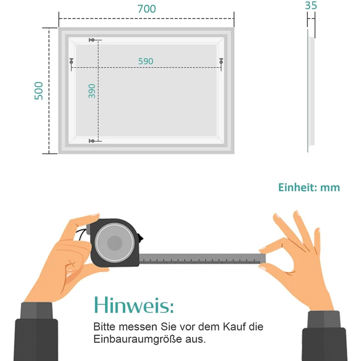 EMKE Badspiegel mit Beleuchtung, Bewegungssensor, 70x50cm, LED Kaltweißes/Neutral/Warmweißes Licht, Dimmbar, Beschlagfrei, Touch, IP44 Wandspiegel – Bild 5
