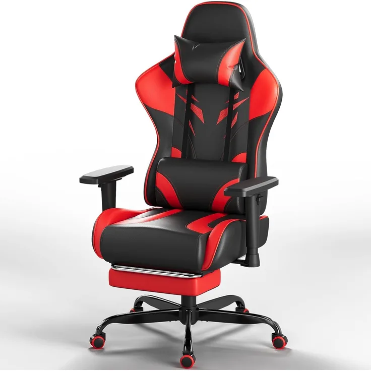 JUMMICO Gaming Stuhl mit verstellbaren Armlehnen, Bürostuhl Ergonomisch mit Fußstütze, Gamer Stuhl Belastbarkeit 150 kg, rot