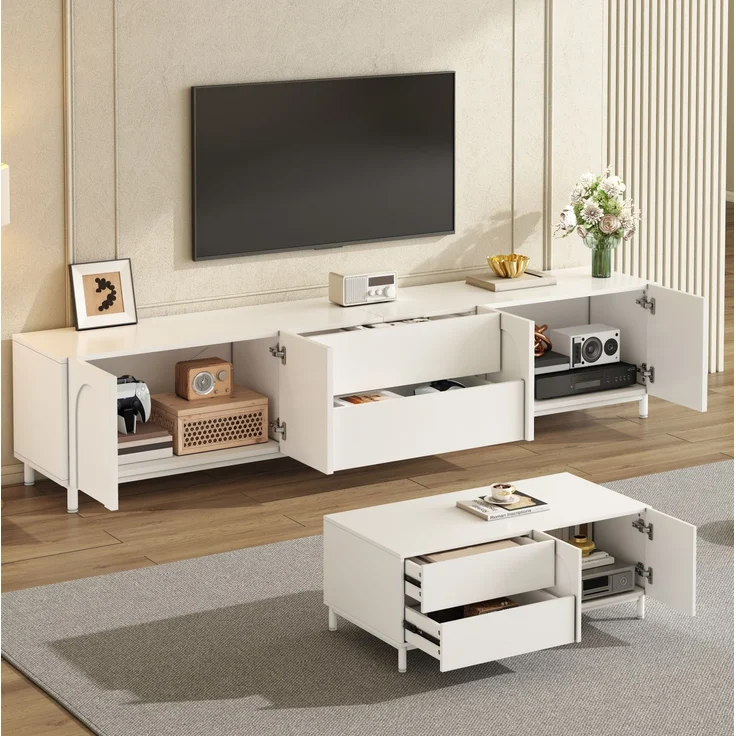 DESVIAE TV-Schrank-Set 2-tlg. Weiß aus MDF/Spanplatte – 180x48x40 cm – Schubladen, Stahltrohrfüße – Bild 2