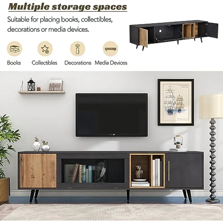 FurnitureR Elegant TV Cabinet,2 Türen + Aufbewahrung,200 x 40 x 55.5 cm,Dark Wood,Gray and Wood Grain,Suitable for 90-inch TV – Bild 7