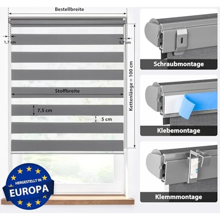 Doppelrollo Doppelrollo, 30 x 130 cm, dunkelgrau, jalousiescout, blickdicht, mit Bohren/ohne Bohren, freihängend, Klemmen, Kleben und Schrauben OHNE Aufpreis, Lichtdurchlässig, Klemmträger, Feuchtraumgeeignet – Bild 2