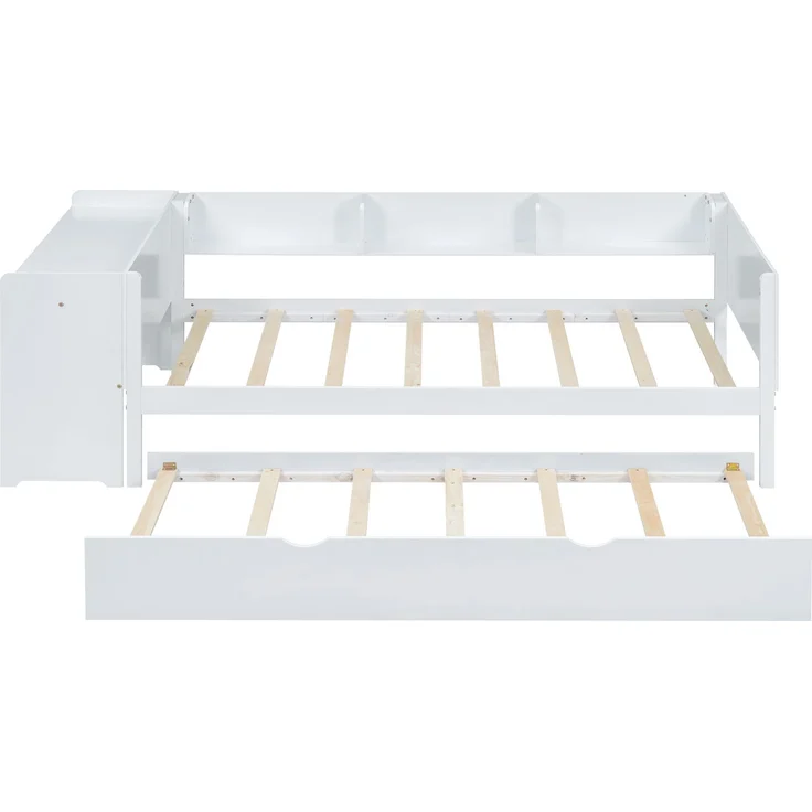 Multifunktionales Kinderbett 90x200 cm mit ausziehbarem Rollbett, Schreibtisch und Regalen, robustes Holz – Bild 6