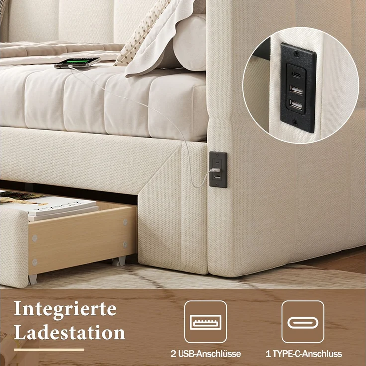 CHICFURN Bett aus Leinen Beige 90/180x200 cm mit 2 Schubladen und USB- und Type-C-Anschlüssen – Bild 4