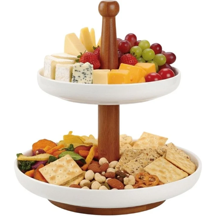 Bambus Etagere mit 2 Keramiktellern - Servierständer für Kuchen, Muffins & Snacks – Bild 4