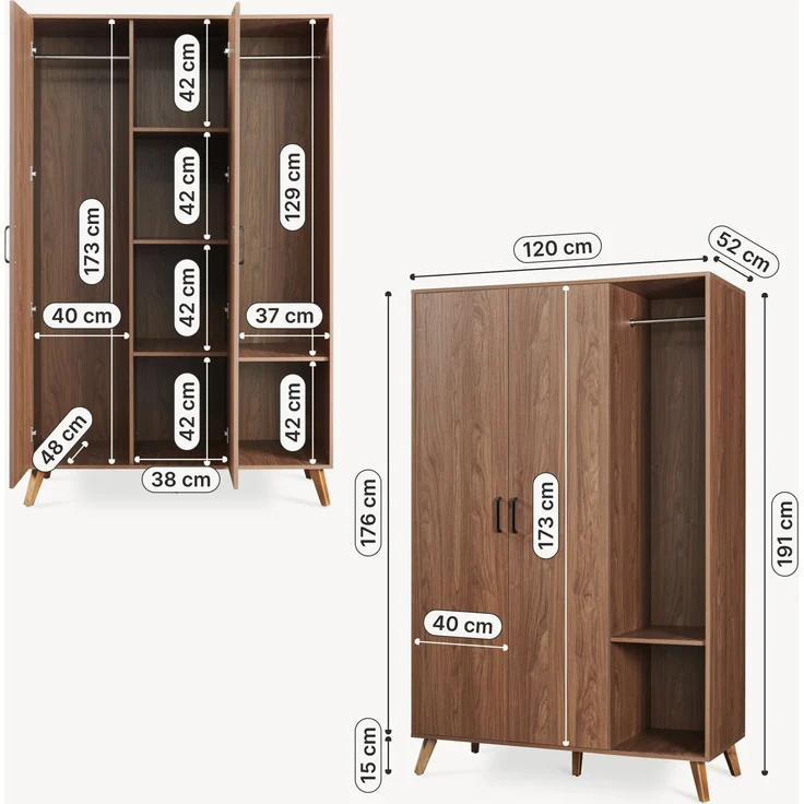 Kleiderschrank Norg 191x120x52 cm 2 Türen 5 Fächer Walnussoptik [en. casa] – Bild 2