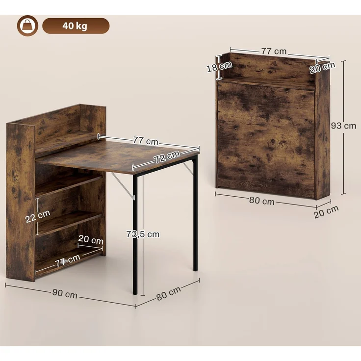 MELAYR, Esstisch Klappbar mit Regal, Industrie-Design, Platzsparend, Für Kleine Räume, 80x90x93cm, Rustikal-Braun – Bild 5