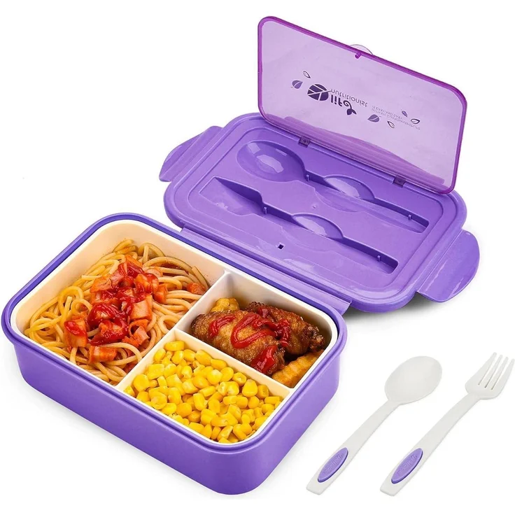 Brotdose Bento Box 3 Fächer Besteck auslaufsicher Violett – Bild 1