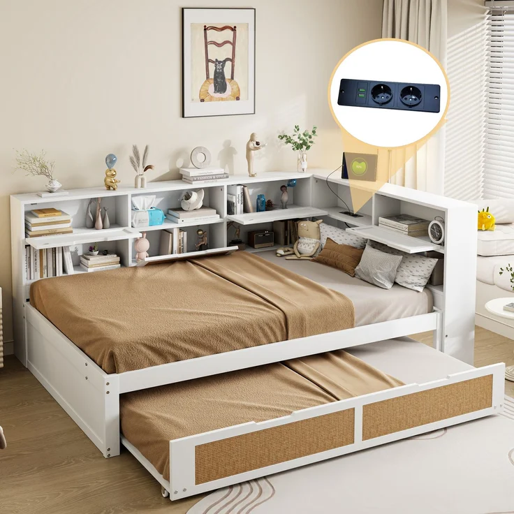 Multifunktionales Massivholz-Schlafsofa mit Ausziehbett 140x200 cm, Stauraum & USB-Anschlüssen, Gäste- & Tagesbett, Weiß – Bild 1