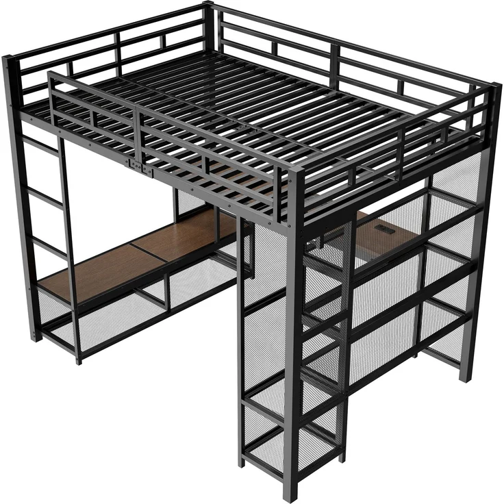 U-life Metall-Hochbett 140x200 cm mit Schreibtisch, offenem Kleiderschrank, USB-Ladestation und LED-Beleuchtung, Schwarz – Bild 5