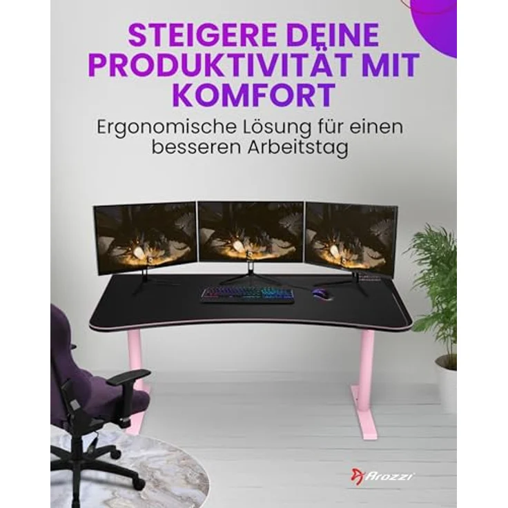 Arozzi Arena Gaming Desk - Pink, großer Gaming-Tisch mit vollflächigem Mikrofaser-Mauspad und höhenverstellbaren Stahlbeinen – Bild 8