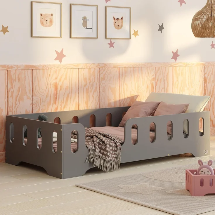 smartwood Kinderbett Bodenbett 80x160 mit Rausfallschutz & Lattenrost - Grau - Kinder Montessori Bett TILA 2L mit glatten Kanten - Betten für schnelle Montage - Bis 230 kg belastbar – Bild 1