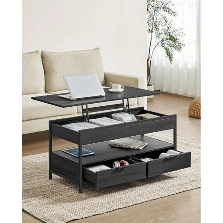Vasagle höhenverstellbarer Wohnzimmertisch, X-Streben, 50x100 x (48-63)cm, Spanplatte/Stahl anthrazitgrau-schwarz – Bild 3