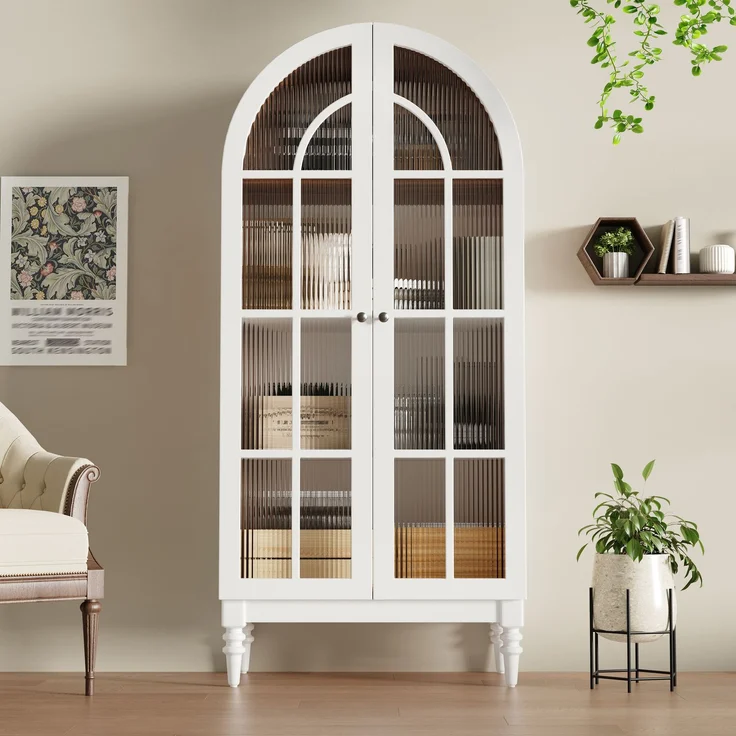 Bogen-Vitrinenschrank 165cm mit Riffelglas-Doppeltüren, 3 Einlegeebenen, 2 Farben (Nussbaum+Weiß)--Weiß--76x38.5x165cm--YOUDENOVA – Bild 2