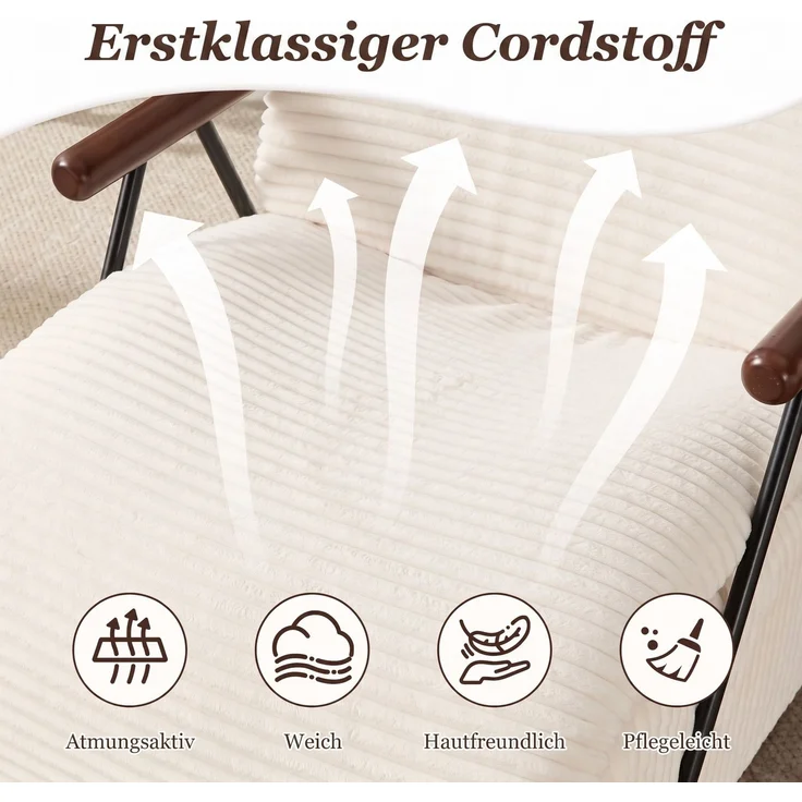 LVHOM Relaxsessel mit Lattenrost, ergonomischer Fernsehsessel, gepolsterter Loungesessel mit Armlehnen, XXL Lesesessel für Wohn- und Schlafzimmer, Cord Beige – Bild 4