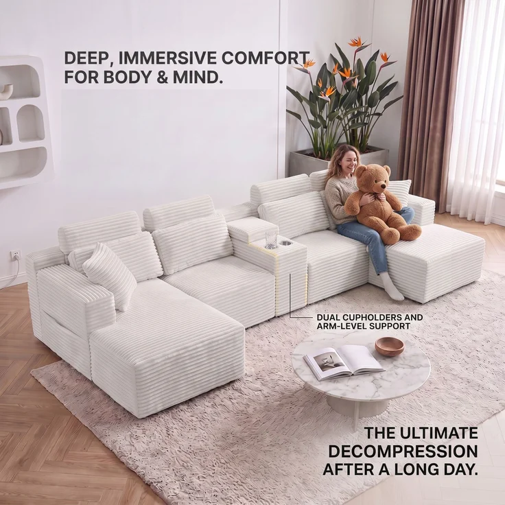 ZUBALIYA Boneless Compression Sofa, U-förmiges modulares Sofa mit integrierten Becherhaltern, Off-Weiß, 372 x 151 x 80 cm – Bild 13