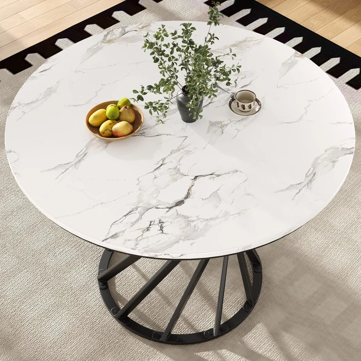 5-teilig mit rundem Esstisch Ø80 cm & 4 Samtstühlen – Modernes Esszimmer-Set mit Marmormuster Tischplatte & Metallgestell – Bild 2
