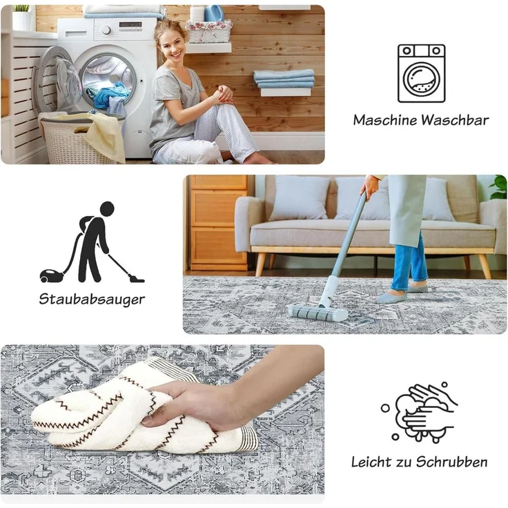 Boho Teppich 120x170 cm Waschbar Vintage Design Grau Weich Rutschfest – Bild 7