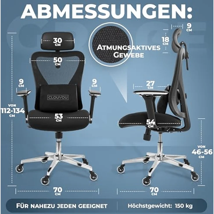 Clouvou CleverSeat Drehstuhl, Schwarzer Textilstuhl mit ergonomischer Form, 70x134x70 cm – Bild 3