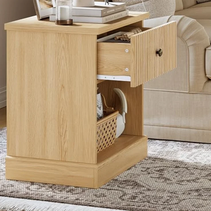 GarveeHome Nachttisch Mit Geriffelten Schubladen Und Offene Lagerung, Kommode Mit Metallgriffen, Nachttisch Mit 45 kg Tragkraft, Für Schlafzimmer Und Wohnzimmer, 57,7 x 39,6 x 61 cm – Bild 8