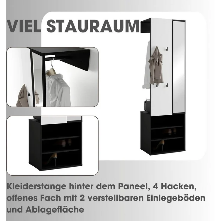 byLIVING Kompaktgarderobe Andorra/Spiegel, Kleiderstange und Schuhfächer/Garderobenschrank/Flurgarderobe/Maße: B 55, H 187,5, T 40,5 cm (Weiß) – Bild 3