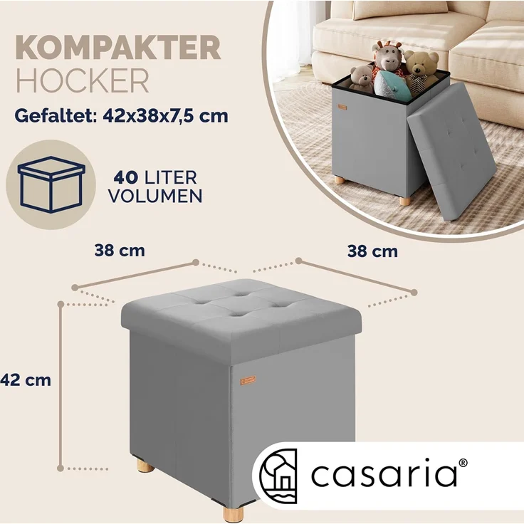 CASARIA® Sitzhocker mit Stauraum, Samt, grau – Bild 4