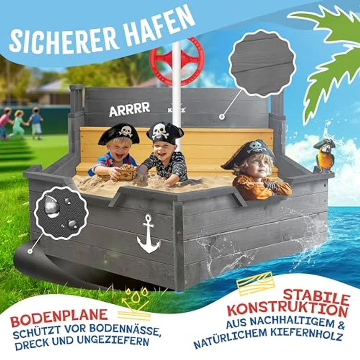 KIDIZ® Sandkasten Ahoi - Piratenschiff, Holz Anthrazit, 195 x 94 x 136 cm – Bild 5