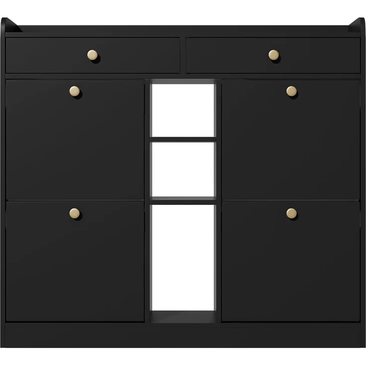 ZUBALIYA Schuhschrank (110 x 26 x 100 cm), 4 Klappfächer und 2 Schubladen, Offener Stauraum, Stauraum für Flur und Eingangsbereich, Schwarz – Bild 18