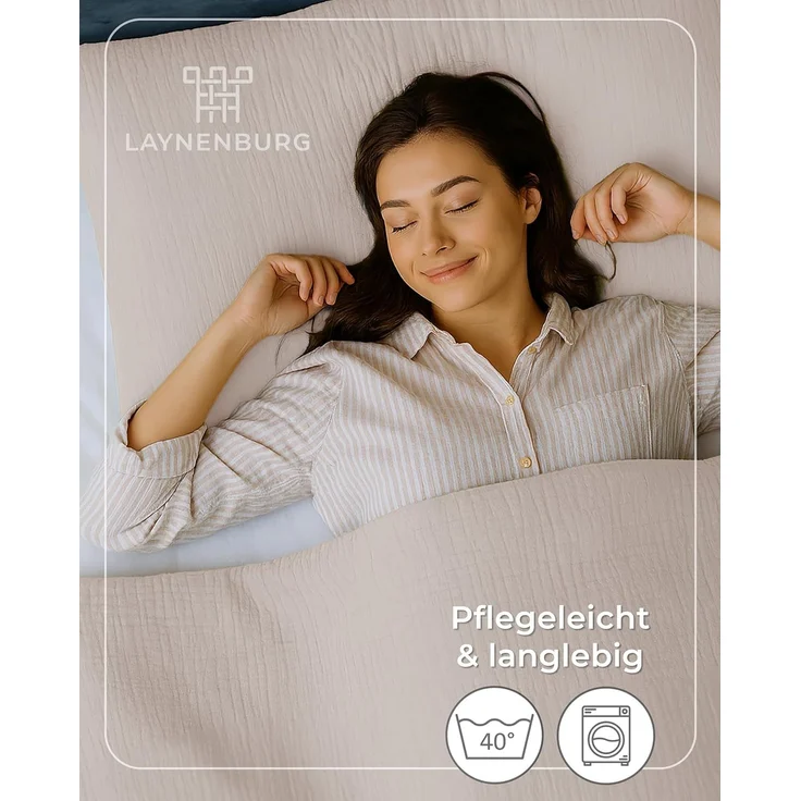 Laynenburg Bettwäsche Musselin aus 100% Baumwolle in 135x200 oder 155x220 cm, atmungsaktiv & bügelfrei – 3 lagig mit Reißverschluss & Haltebändern – Bild 7