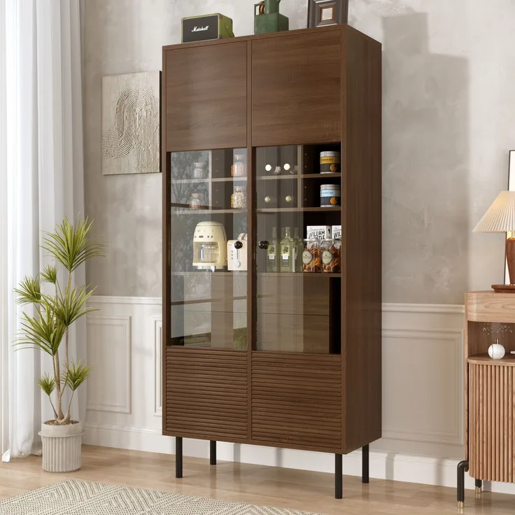 Mehrzweig-Vitrinenschrank in Nussbaumholzoptik: Glasfront + Etagenregal + versteckte Schublade｜Allround-Aufbewahrungslösung für Bad/Wohnzimmer/Büro--Holz--75.5x35x164.5cm--YOUDENOVA