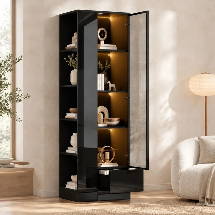 Glasvitrine 50 x 35 x 160 cm aus Spanplatte und Glas mit LED, Hochglanz in Schwarz – Bild 1