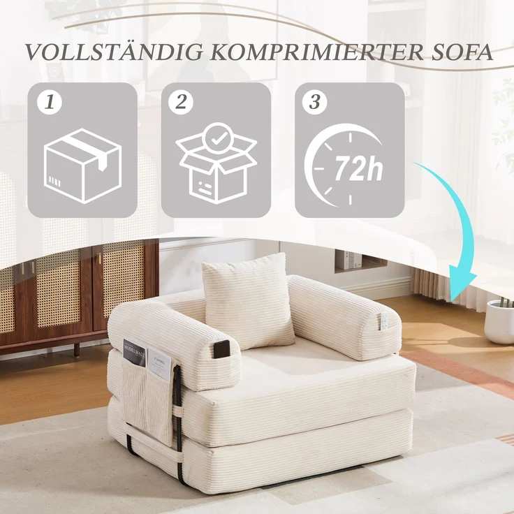 LVHOM 3-in-1 Schlafsessel, Klappsofa mit Schlaffunktion, Einzelschlafsofa mit Seitentaschen und Kissen, Polstersofa aus Cordstoff, frei Kombination, Beige – Bild 8
