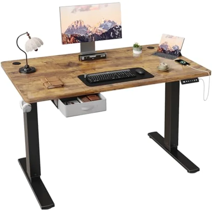 JUMMICO Höhenverstellbarer Elektrischer Stehtisch 140 x 80 cm mit Schublade und Haken – Höhenverstellbarer Sitz-Steh-Tisch mit Stabilem Stahlrahmen, Breiter Stehtisch für das Homeoffice, Braun