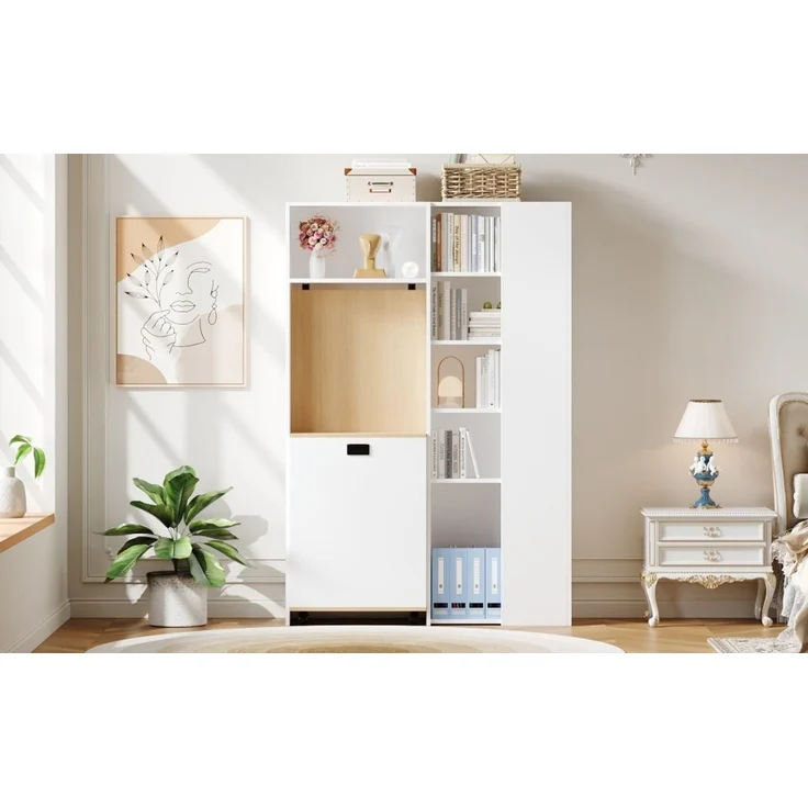 Klappbarer Schreibtisch 104,5 × 30,5 × 160 cm, 2-in-1 mit Bücherregal, EU-Steckdose & USB, 2 höhenverstellbaren Ablagen, PC-Fach, MDF, Weiß – Bild 19