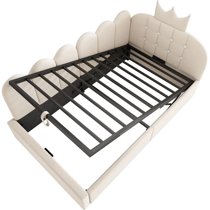 Merax Einzelbett, 90x200 cm Polsterbett, Daybett, Tagesbett-Schlafsofa mit Stauraum (hydraulisch), Gästebett L-Form Samt, Beige – Bild 7