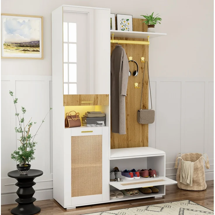 Garderoben-Set mit Spiegel, LED-Beleuchtung und Sitzbank, 110x38x190 cm, Weiß/Holz – Bild 2
