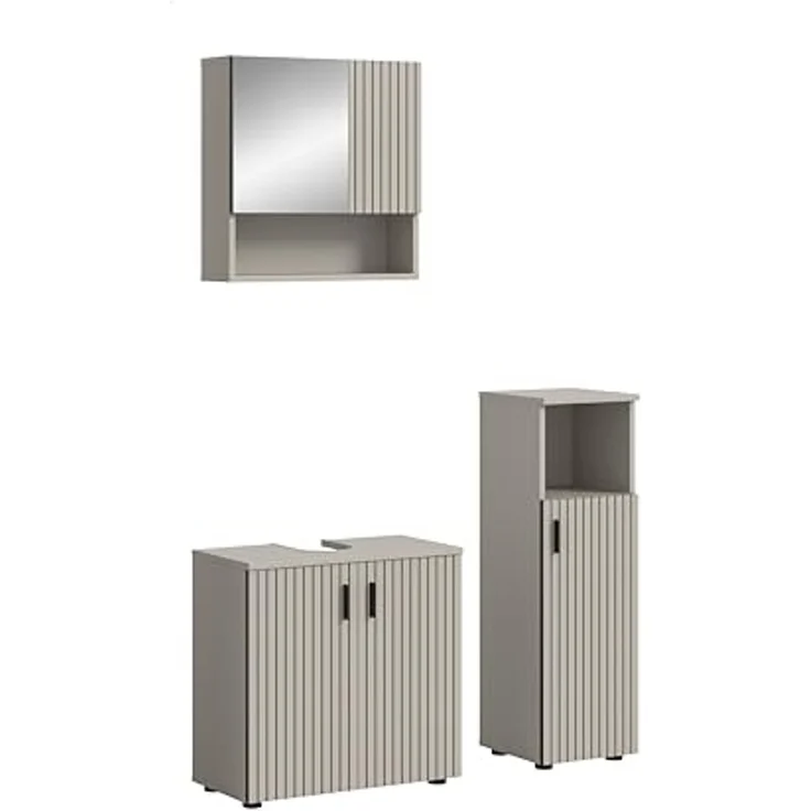 xonox. home – Badkombination Mone 105x180x30 cm in Kaschmir Nachbildung – 3-teiliges Set inkl. Waschbeckenunterschrank, Spiegelschrank & Badschrank – Stilvolle Einrichtungslösung mit kompakten Maßen – Bild 1