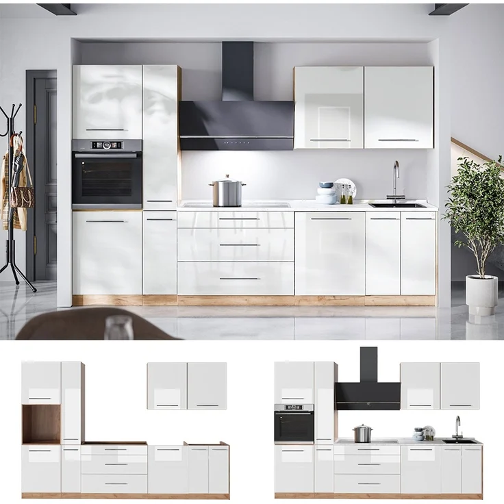 Küchenzeile Fame-Line Weiß Hochglanz/Goldkraft Eiche 310 cm, AP Anthrazit Vicco – Bild 3