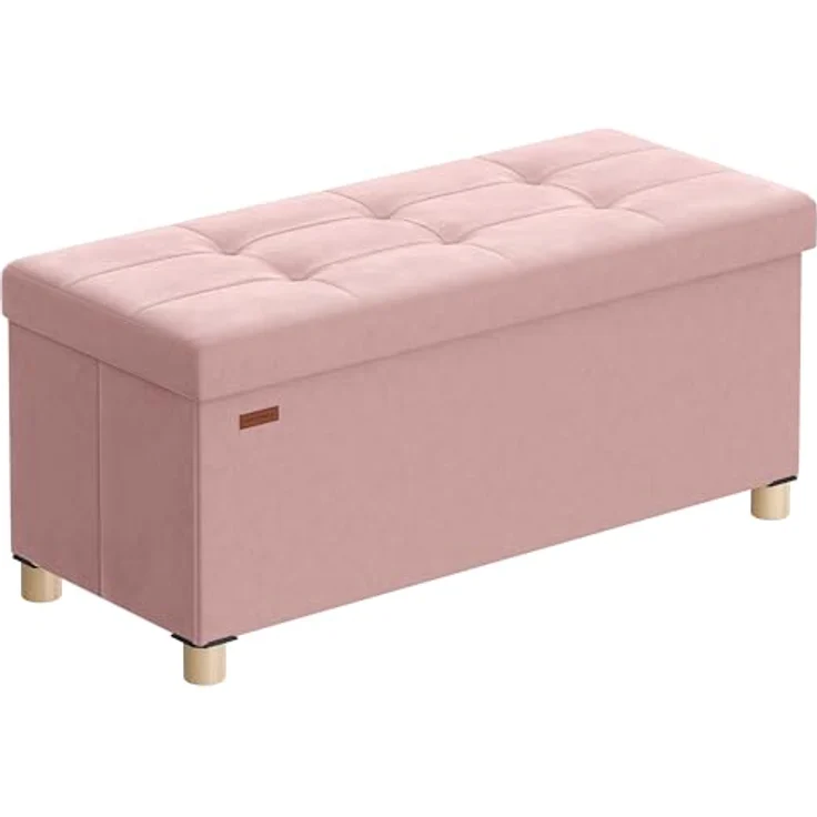 SONGMICS Sitzbank mit Stauraum, Hocker faltbar, 38 x 76 x 38,5 cm, Aufbewahrungsbox mit Deckel, Fußhocker 77 L, Samt, bis 300 kg belastbar, Flur Wohnzimmer Schlafzimmer, pastellrosa LSF0517R01 – Bild 1