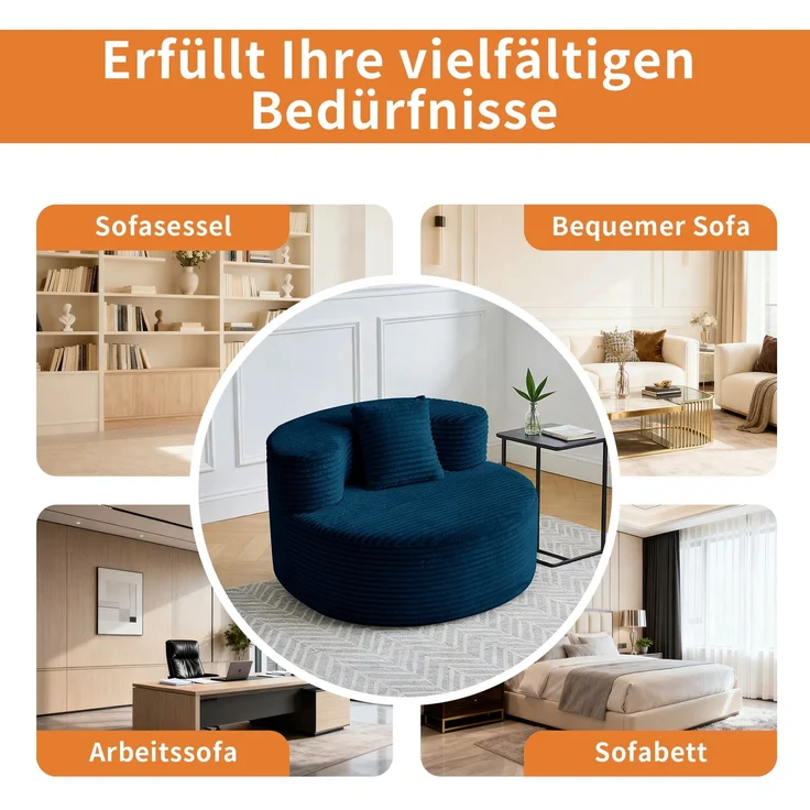 Großer Cord-Sitzsack-Sessel mit Zierkissen, weich gepolsterter Loungesitz 112 cm ohne Montage für Wohn- und Schlafzimmer, Blau – Bild 9