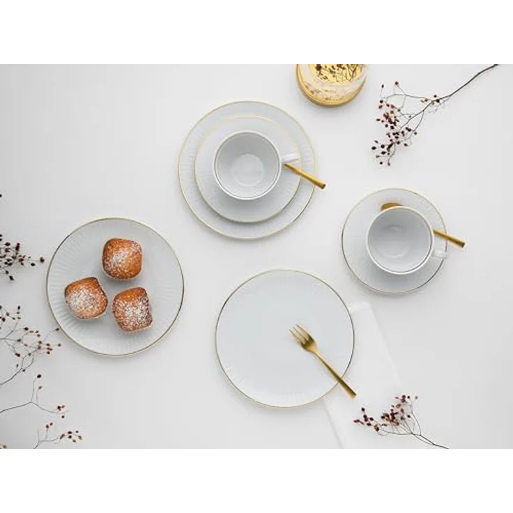 Creatable Kombiservice Valencia, 30-teiliges Geschirr Set aus handbemalter Keramik, Weiß und Gold, lebensmittelecht, stapelbar, 200 ml – Bild 8