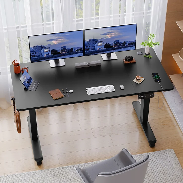 Devoko Höhenverstellbarer Schreibtisch Holzwerkstoff und Metall Schwarz 140 x 80 x 72-118 cm – Bild 1